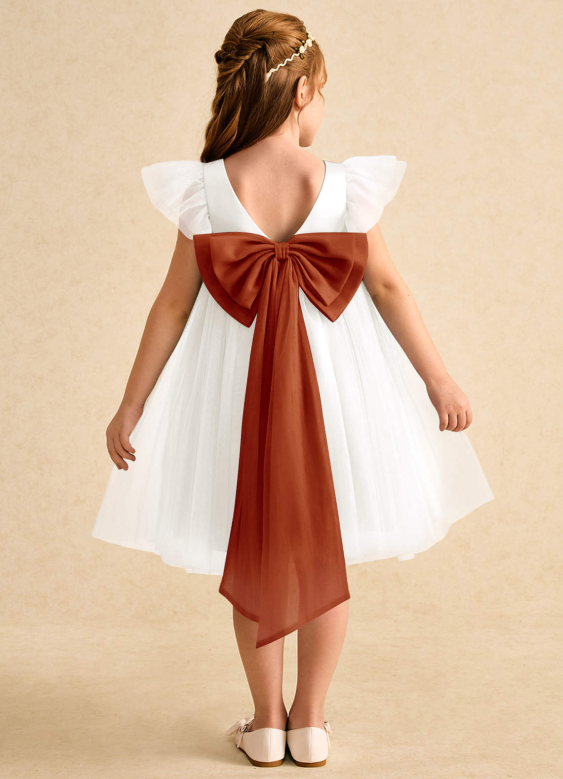Azazie Munchkin Flower Girl Dresses Ivory Paprika A-Line Bow Tulle Dress image1