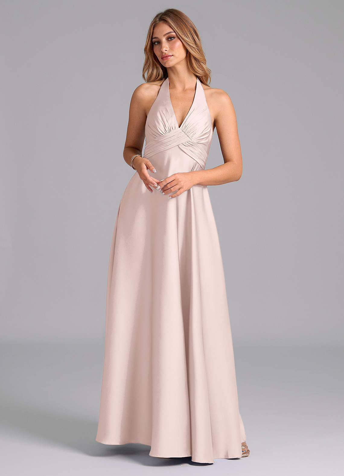 Azazie Tessie Bridesmaid Dresses Blushing Pink A-Line Pleated Stretch Satin Dress image1