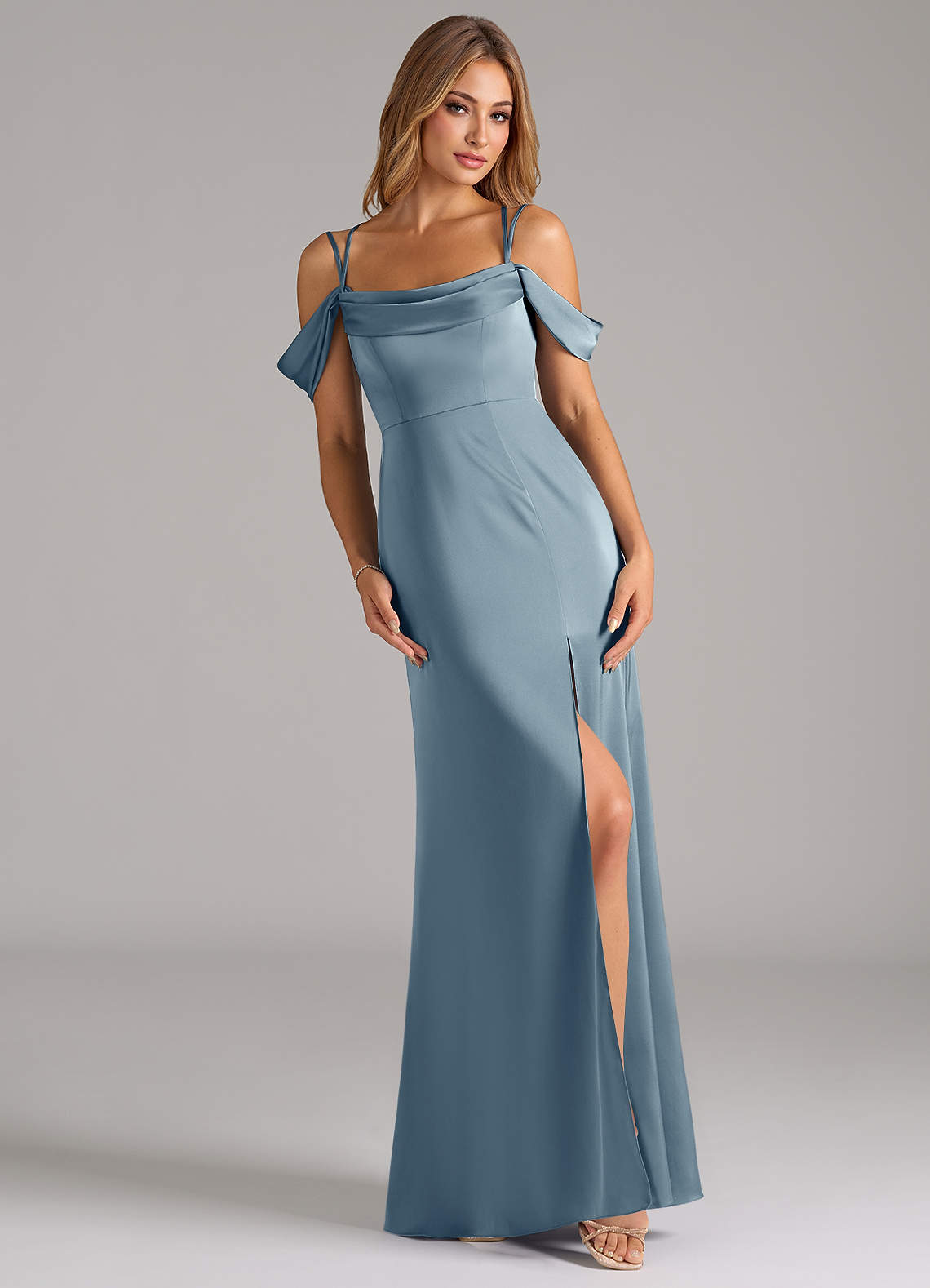 Azazie Callan Bridesmaid Dresses Dusty Blue A-Line Pleated Stretch Satin Convertible Dress image1