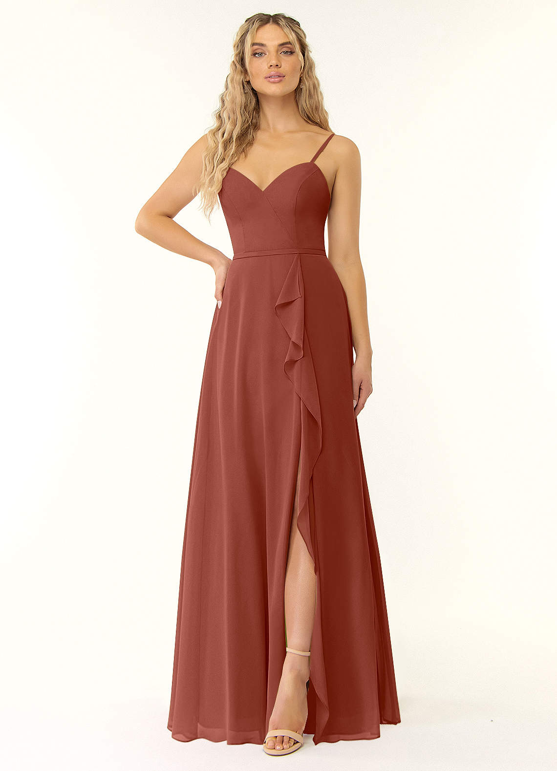 Azazie Naeem Bridesmaid Dresses Auburn A-Line V-Neck Ruffle Chiffon Dress image1