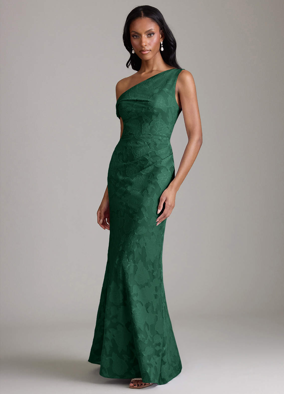 Azazie Emerson Bridesmaid Dresses Dark Green Mermaid Off the Shoulder Floral Burnout Dress image4