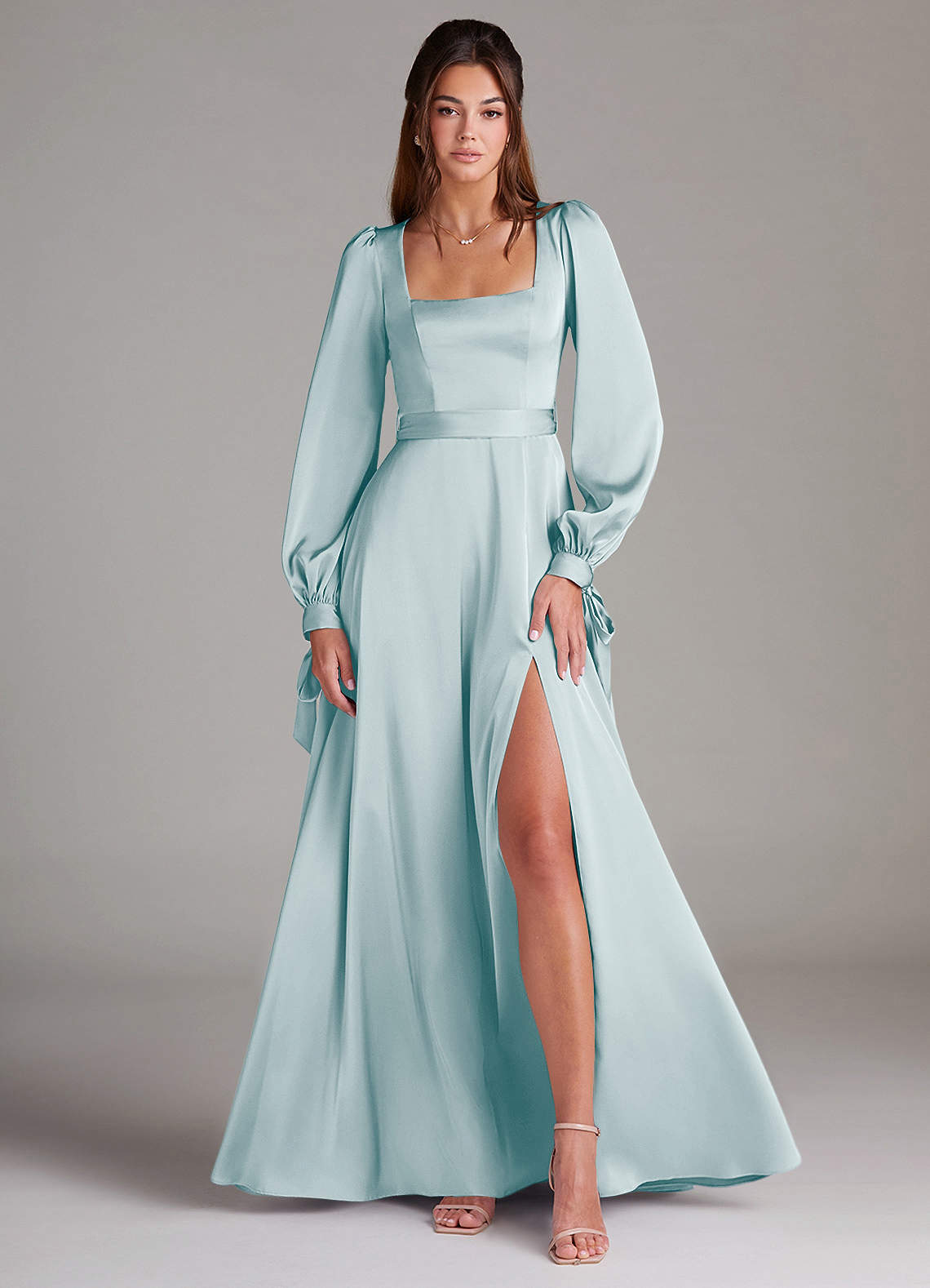looking for bridesmaid dresses Azazie A-Line Square Neck Long Sleeve Floor-Length Stretch Satin elegant bridesmaid gown design