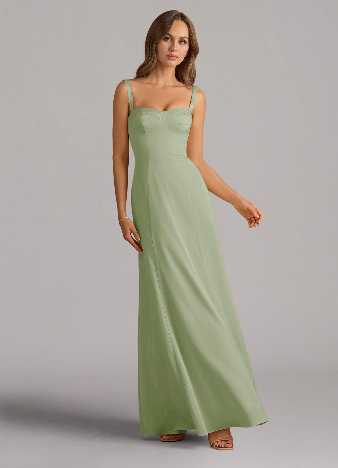 Azazie Amaris Bridesmaid Dresses Dusty Sage A-Line Corset Stretch Satin Dress image1