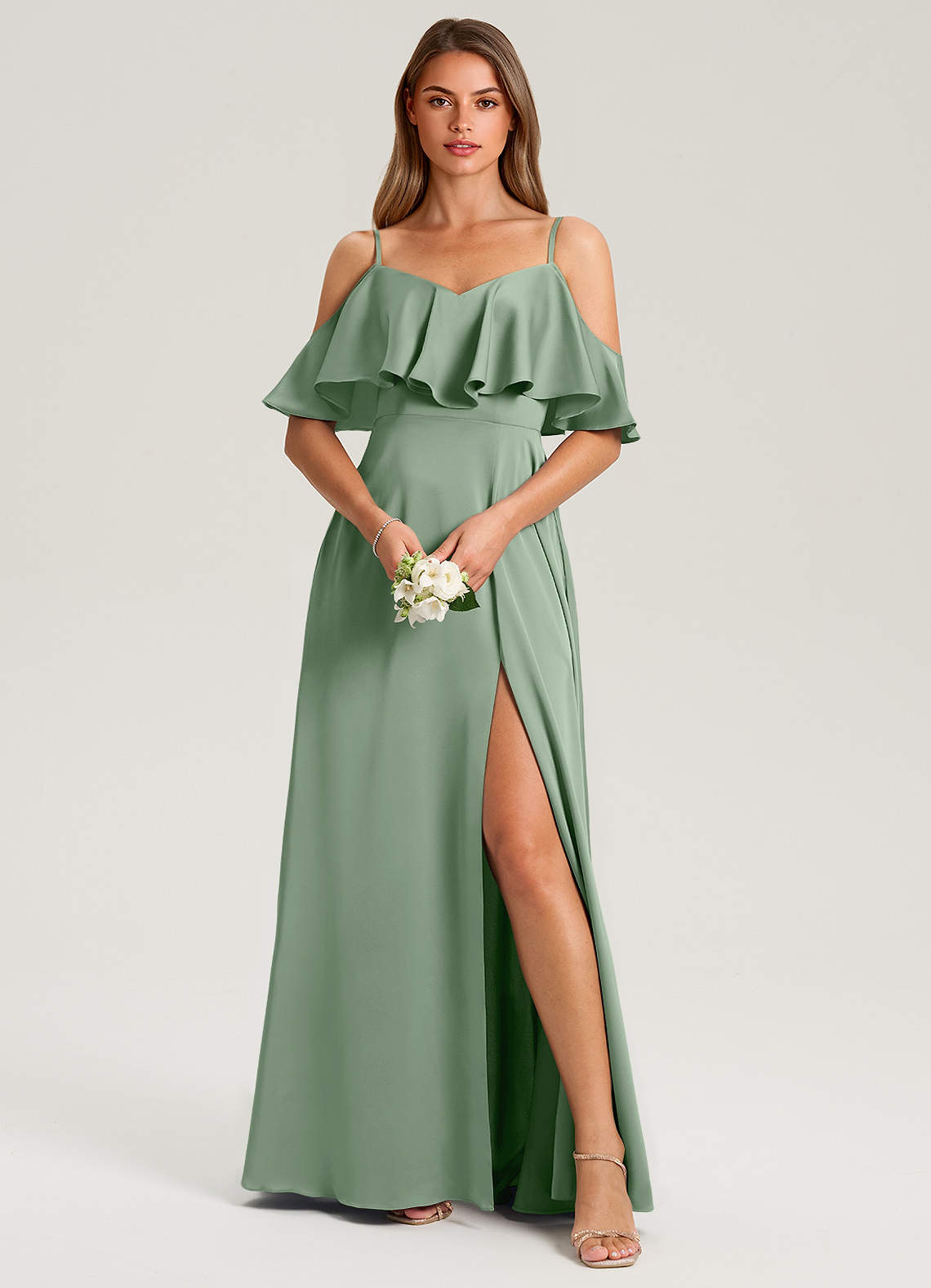 Azazie Jean Vestidos de damas de honor Vestido de Matcha de Satén Elástico de Corte en A con Vestidos sin tirantes image1