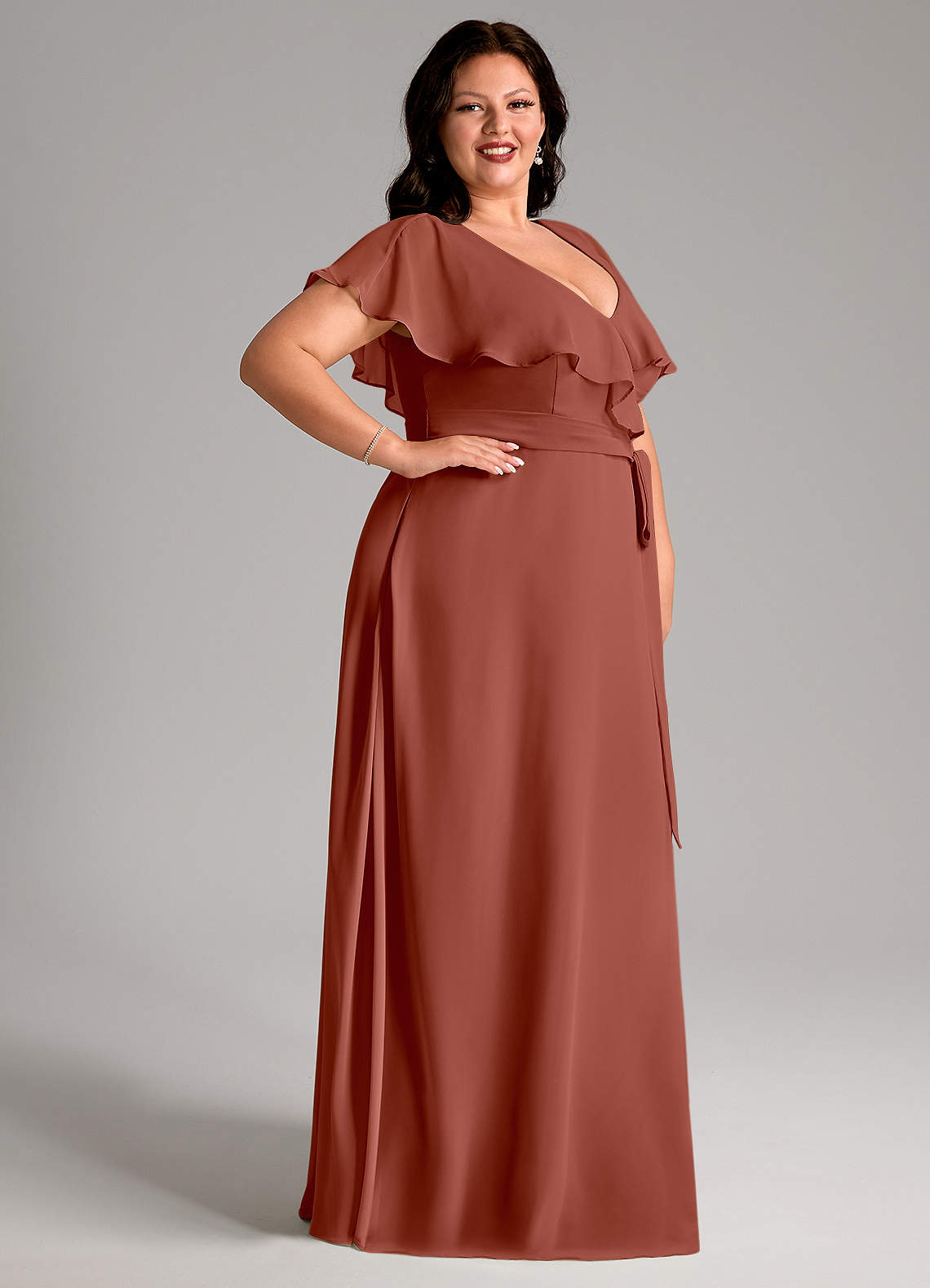 Azazie Lainey At-home Try On Dresses Dusty Sage A-Line with Pockets Chiffon Dress image11