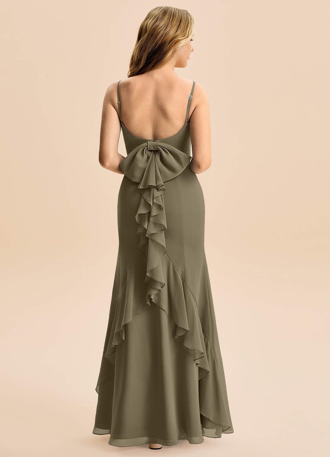 Azazie Lioren Junior Willow Green Mermaid Bow Chiffon Dress image2