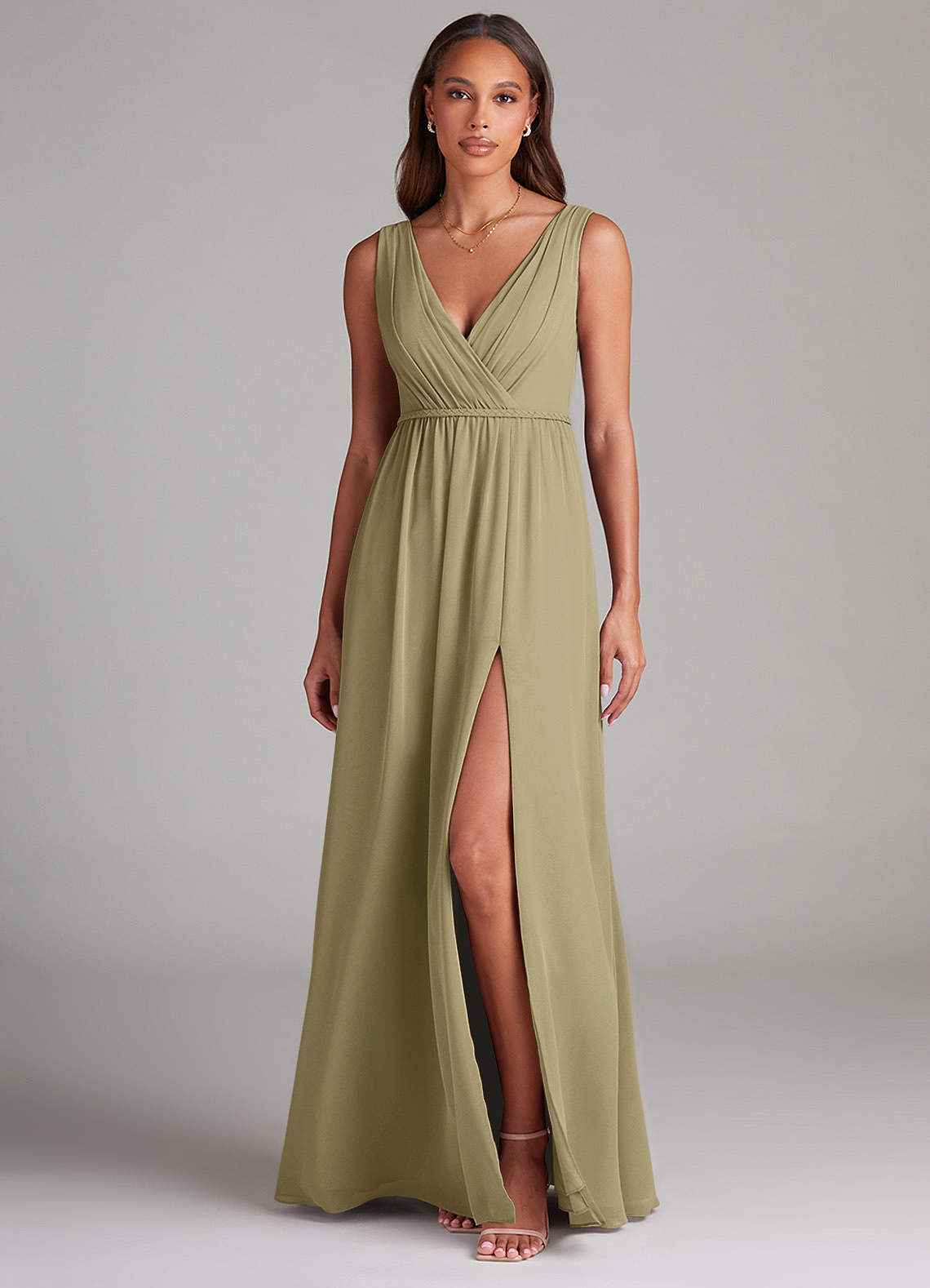 Azazie Tanicia Bridesmaid Dresses Moss Green A-Line Pleated Chiffon Dress image1