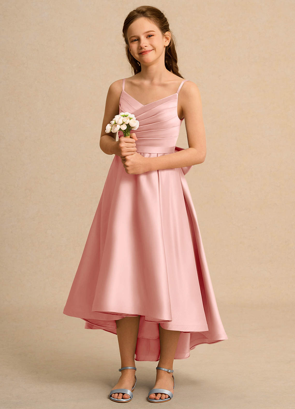 Azazie Sweets Girl Jurken voor bloemenmeisjes A-Lijn Jurk van Mat Satijn Geplooid Rozet image1