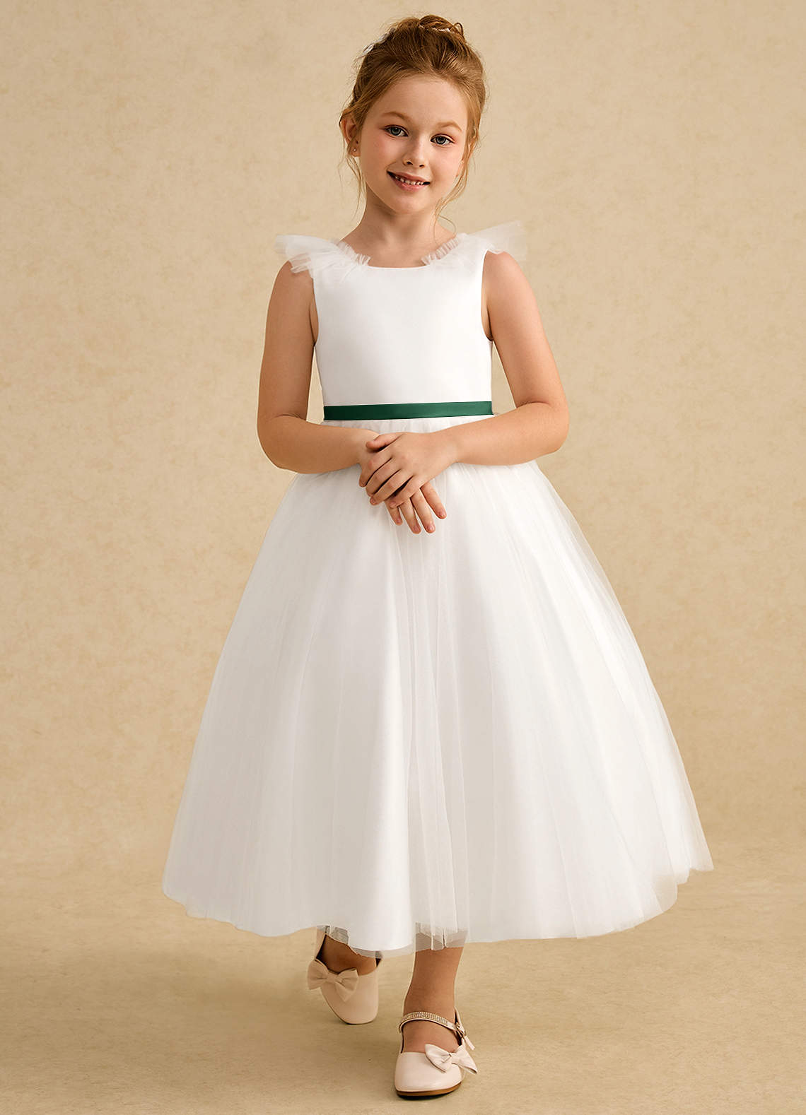 Azazie Amber Flower Girl Dresses Ivory Dark Green A-Line Bow Tulle Dress image3