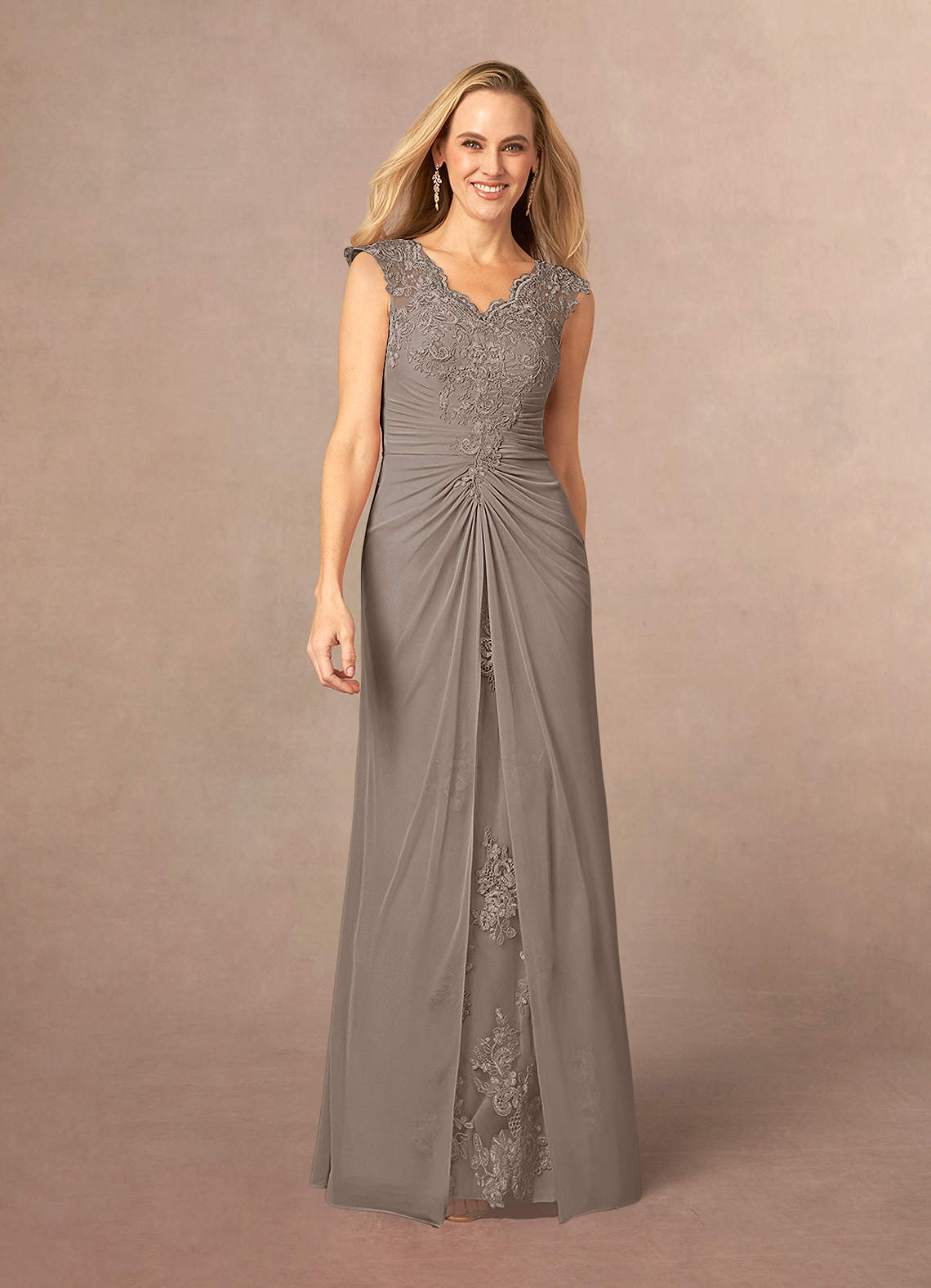 Azazie Jovie Mother of the Bride Dresses Taupe A-Line Lace Dress image1