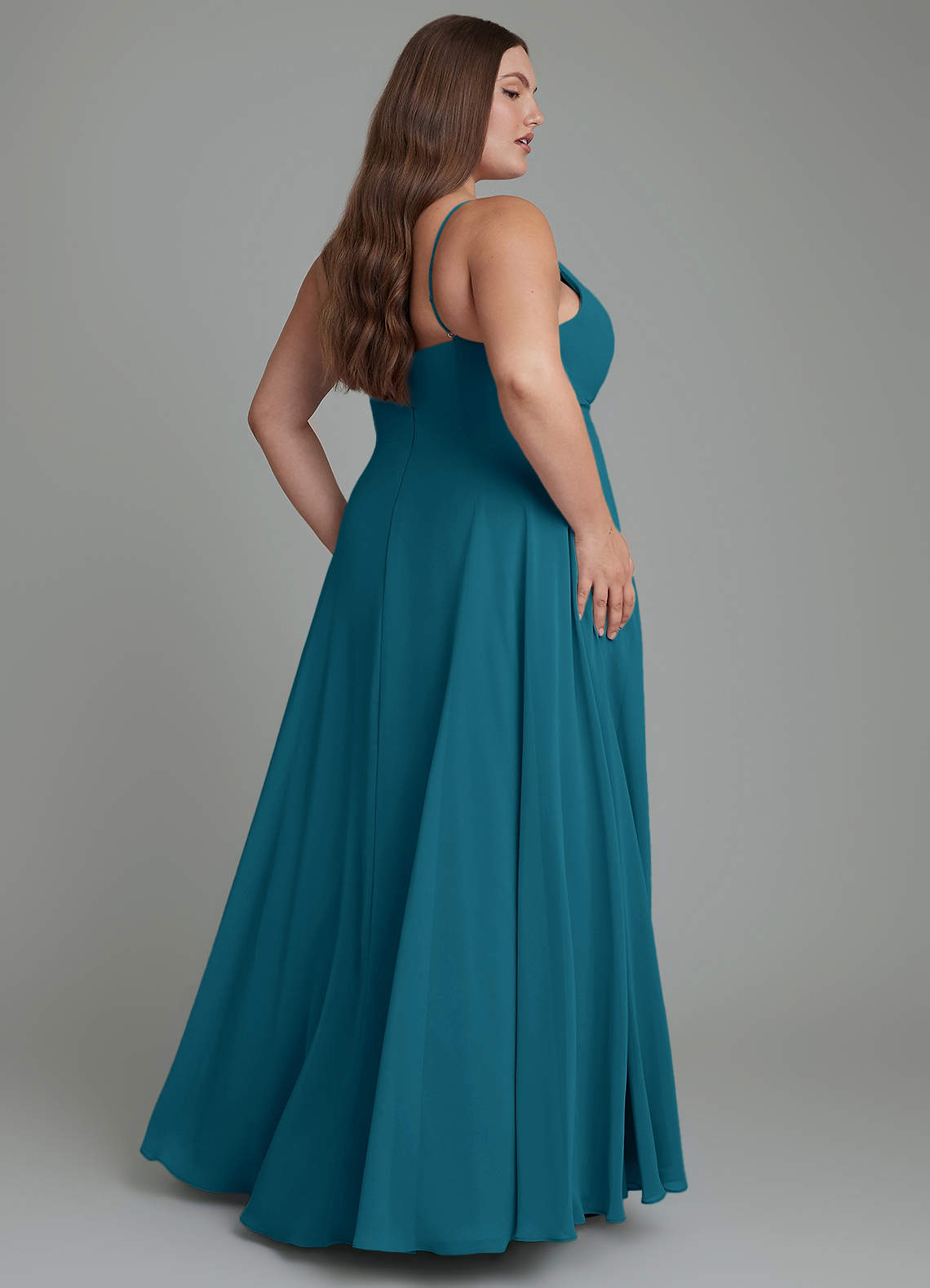 azazie iman bridesmaid dress Amani Ink Blue Chiffon Dresses length gown in an