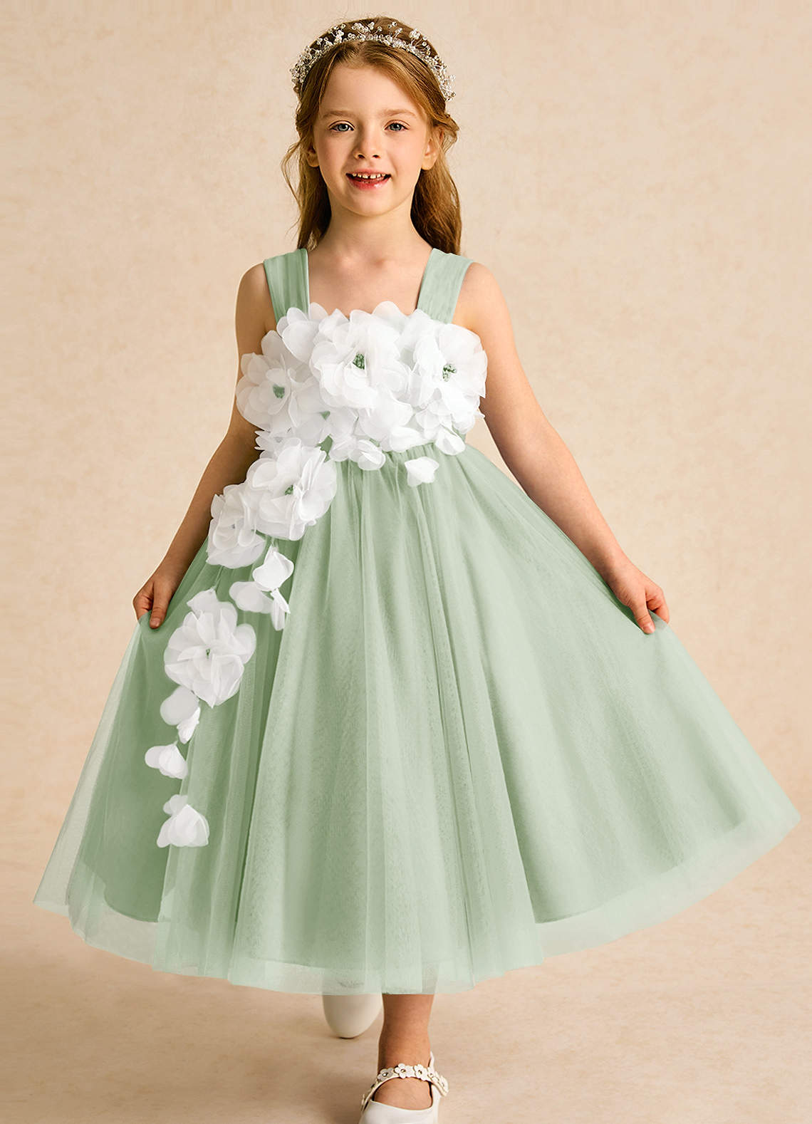 Azazie Dovey Flower Girl Dresses Dusty Sage Ball-Gown Bow Tulle Dress image1