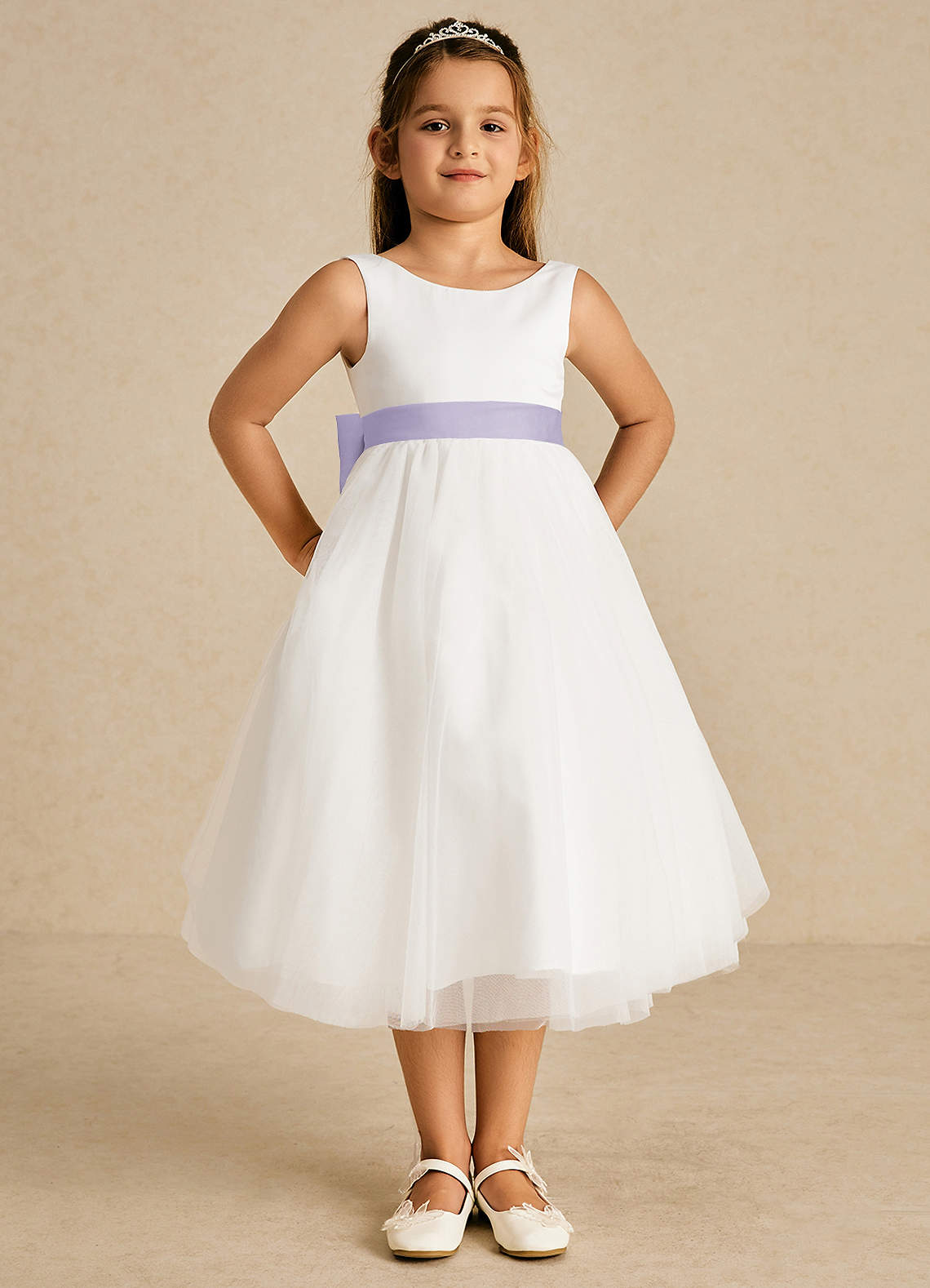 Azazie Kavi Flower Girl Dresses Ivory Lilac A-Line Bow Matte Satin Dress image1