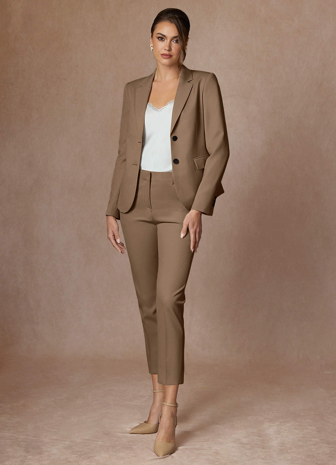 front Victoria Truffle Refined Weave Cropped Pants Suit