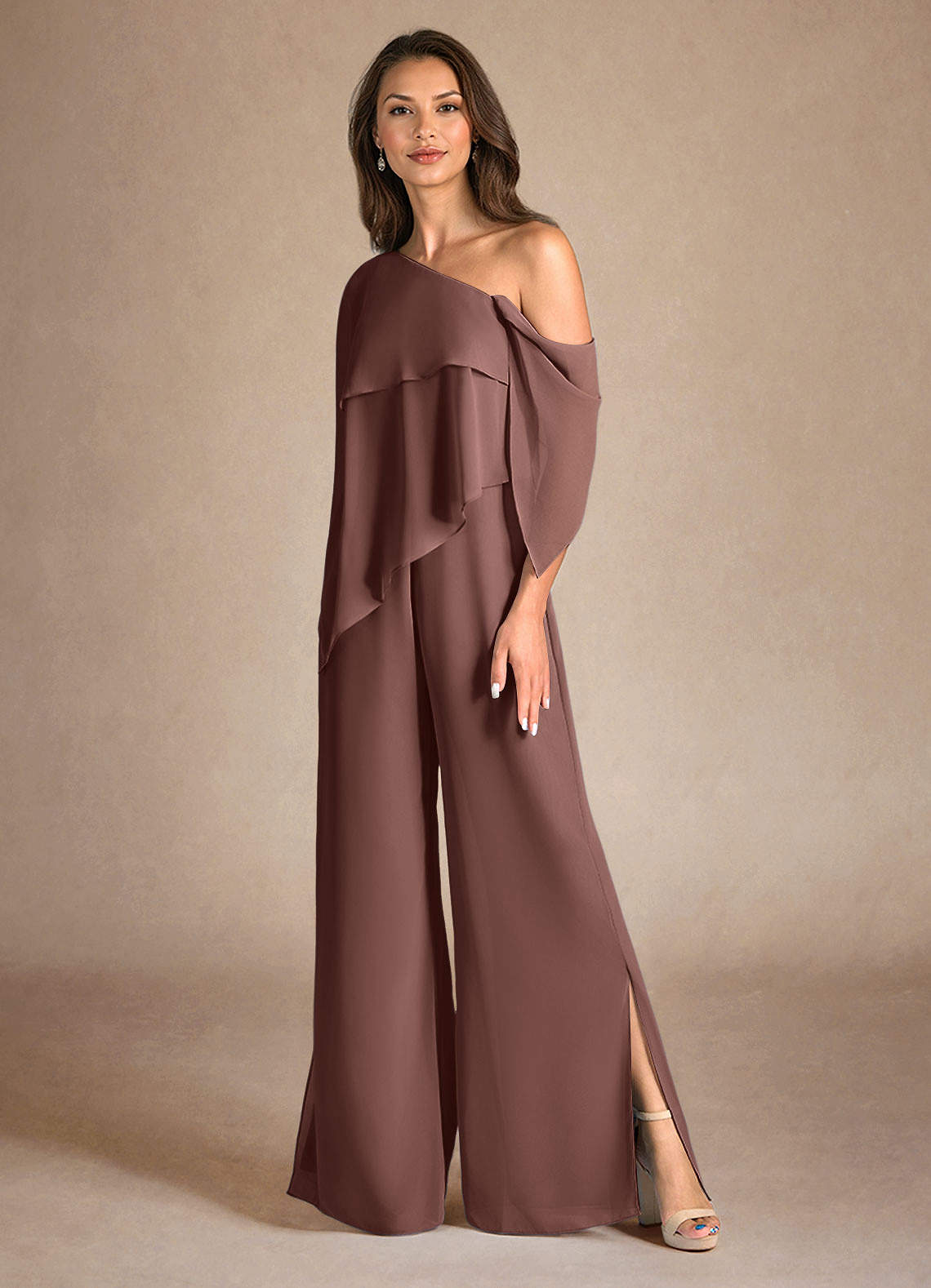 Azazie Halima Mother of the Bride Dresses Espresso Jumpsuit/Pantsuit Side Slit Chiffon Dress image5