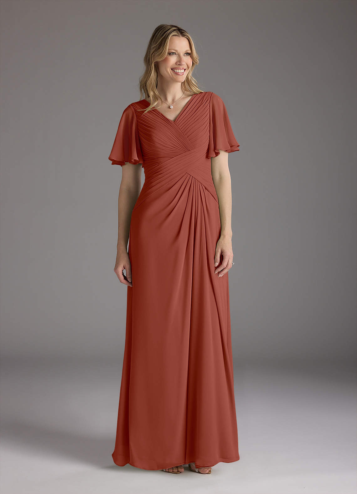 Azazie Morning Glory Mother of the Bride Dresses Auburn A-Line V-Neck Ruched Chiffon Dress image1