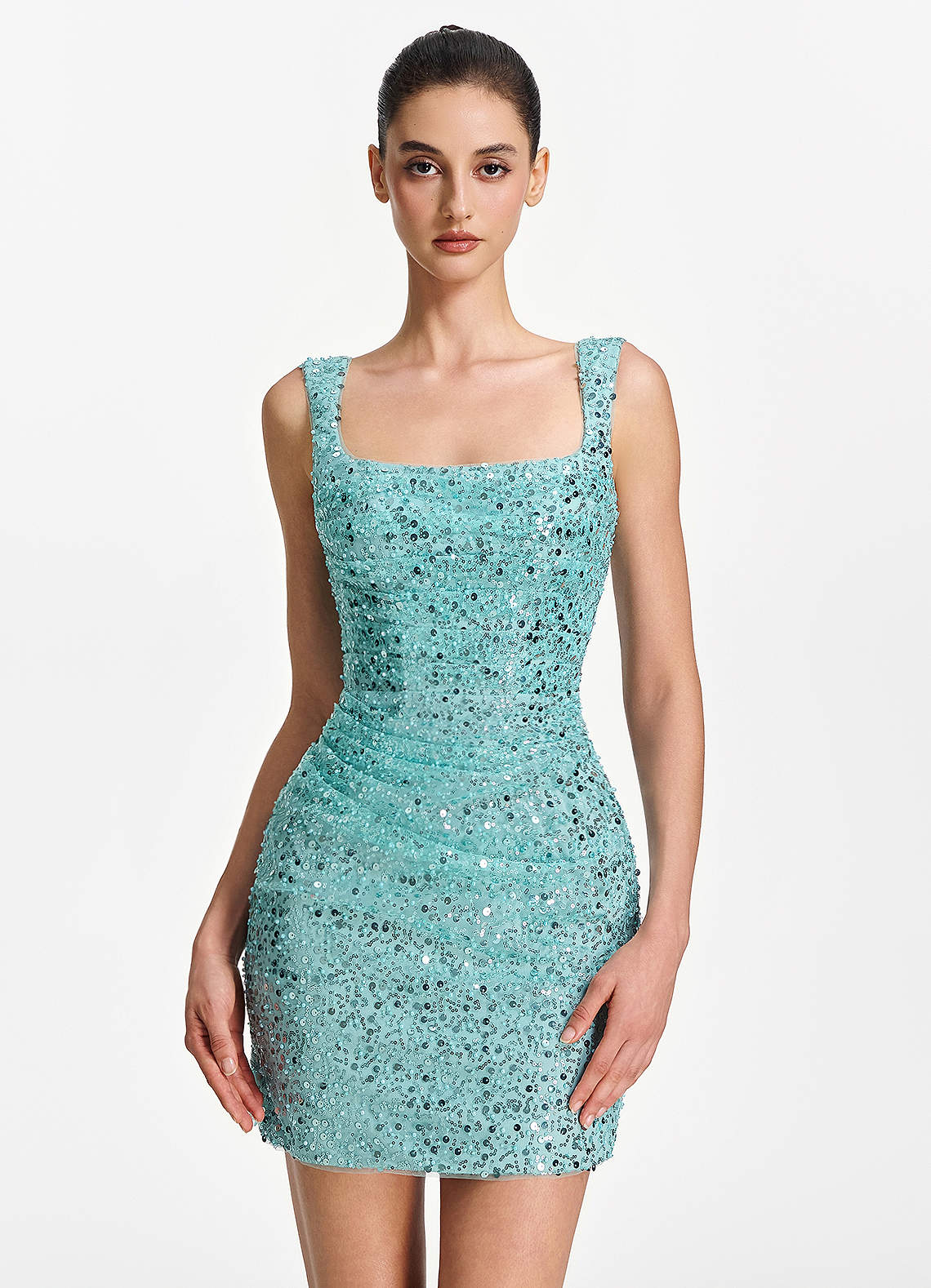 blue sequin tank dress Sylvestrina Lake Beading Embroidery Stretch Tulle Square-Neck Mini Prom and Homecoming Dresses aqua blue dress for wedding guest this dress is versatile 尺寸:XXL A-Line Wedding Dresses | stylecode:D1747