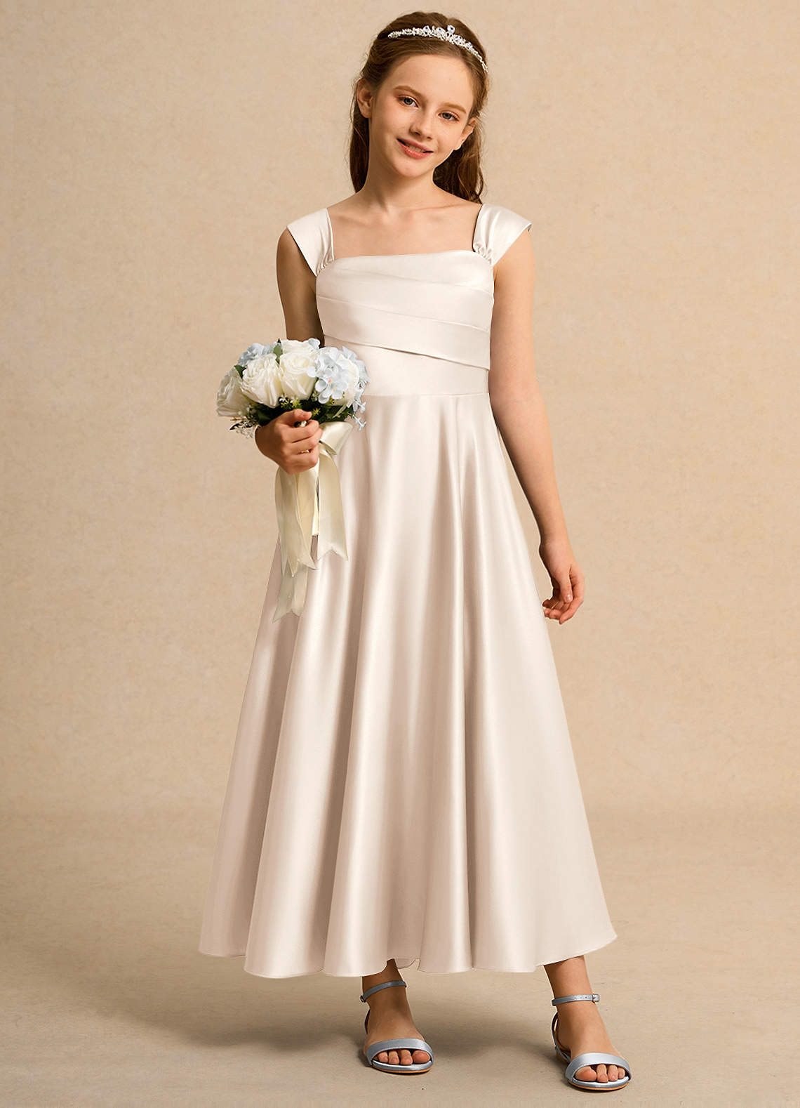 Azazie Bundle Junior Formal Flower Girl Dresses White Alabaster A-Line Pleated Matte Satin Dress image2