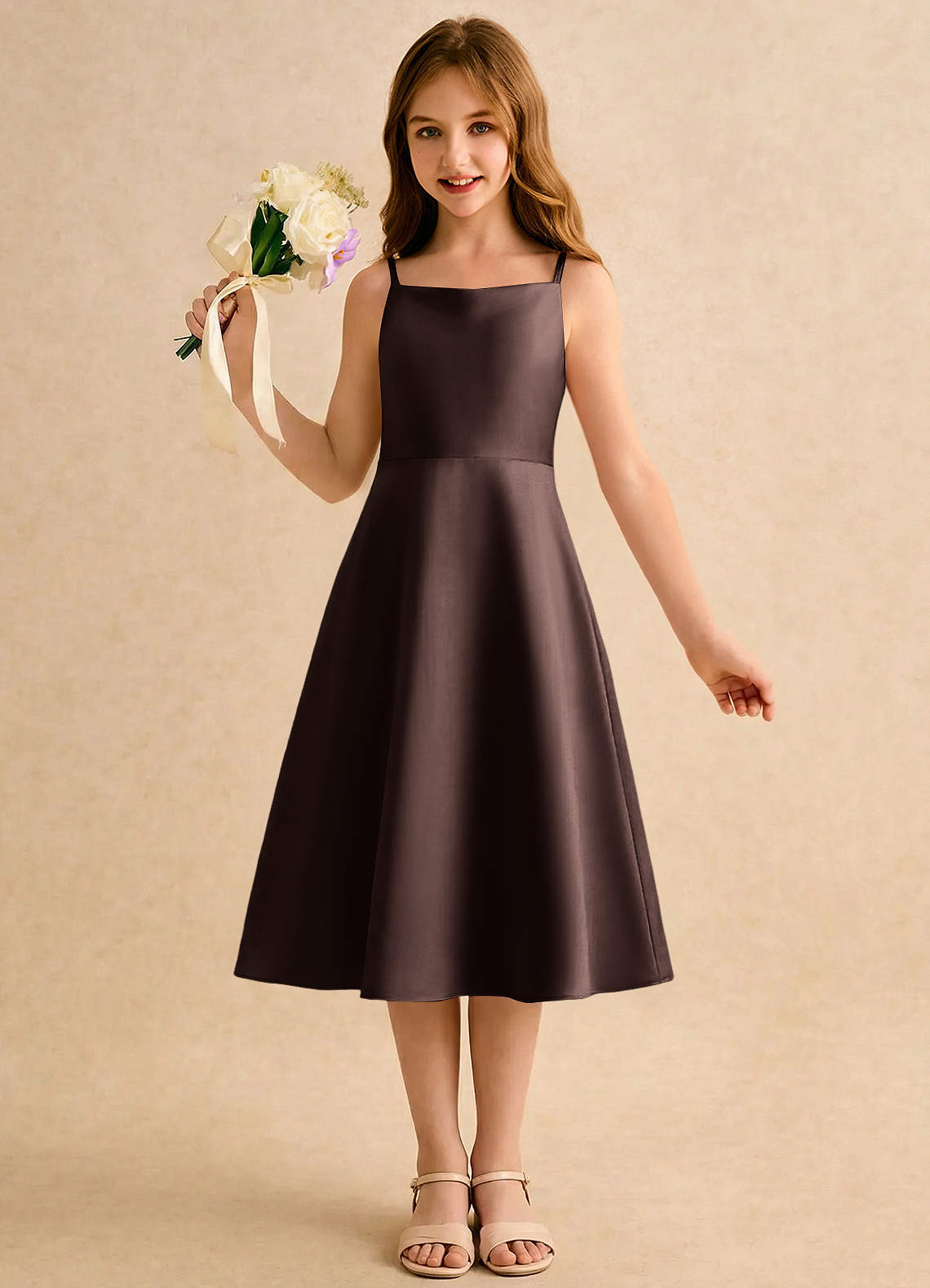 brown dresses for girls Azazie Jaella Formal Ganache A-Line Pleated Matte Satin Dress Long dress Size:18 - XXL maternity friendly Feeling blue never looked Lettuce trimmed skirt that