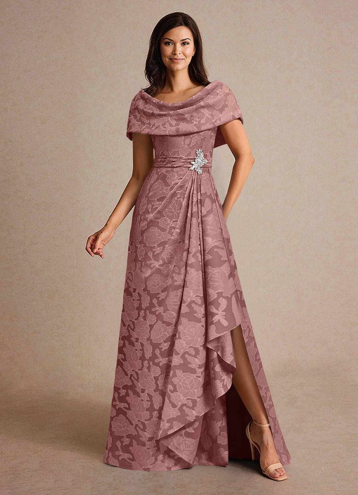 Azazie Branford Mother of the Bride Dresses Dusty Rose A-Line Pleated Floral Burnout Dress image3