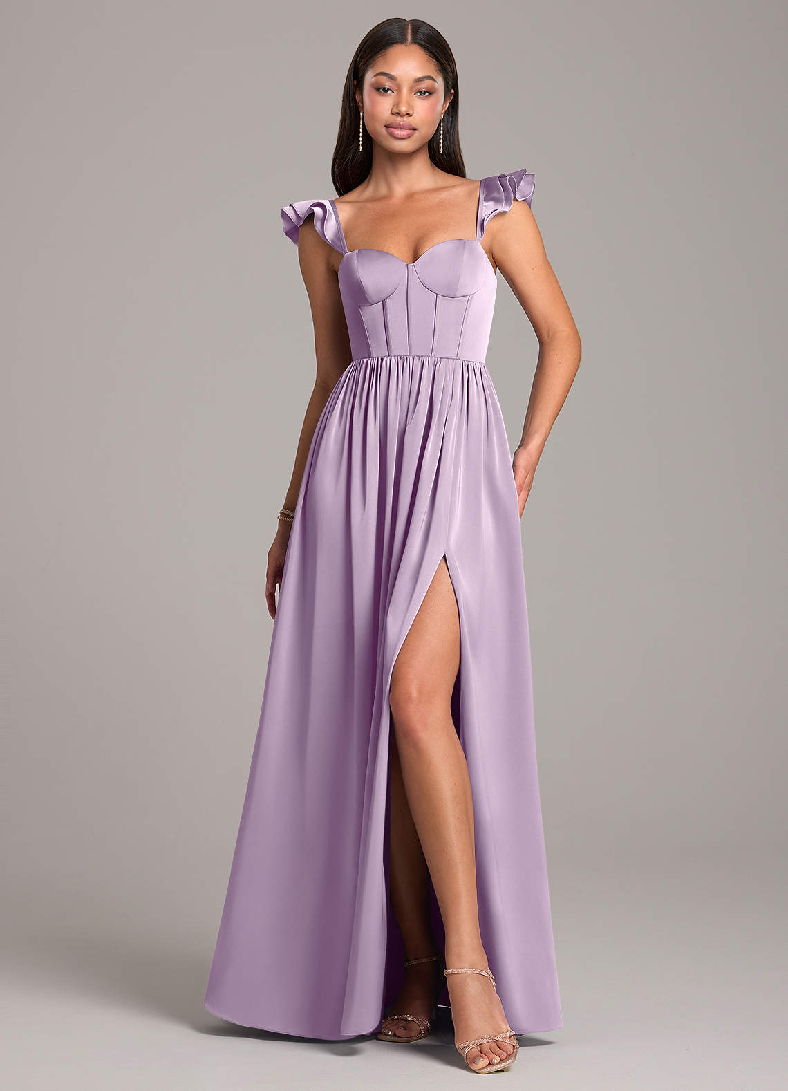 Azazie Denisse Bridesmaid Dresses Frosted Lilac A-Line Ruched Stretch Satin Dress image1