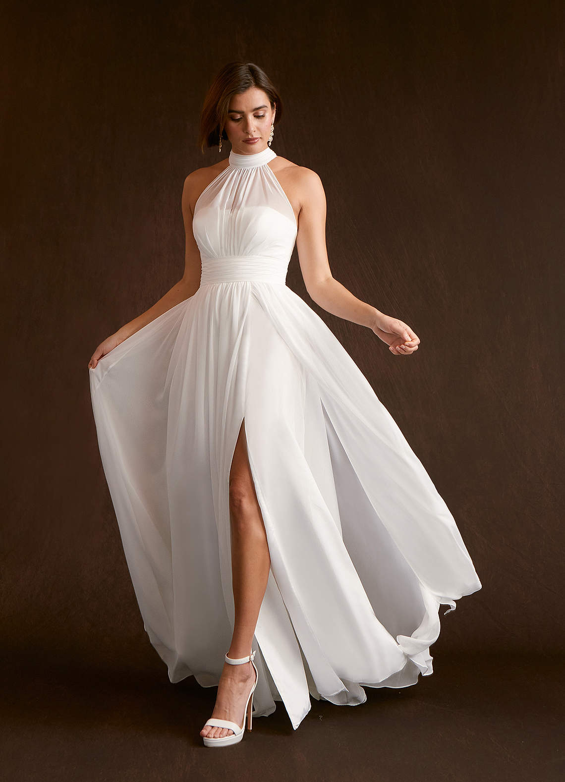 Diamond White Azazie Helaina A Line Pleated Chiffon Floor Length