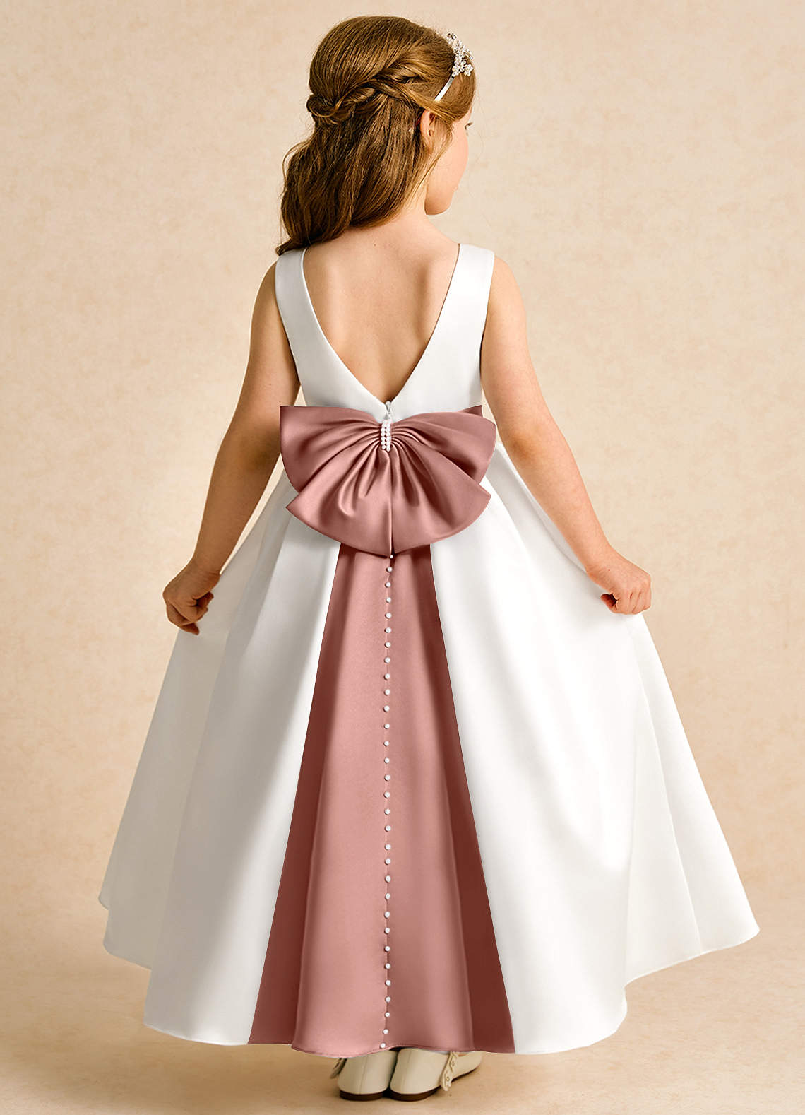 Azazie Cherry Flower Girl Dresses Ivory Cedar Rose Ball-Gown Pleated Matte Satin Dress image1
