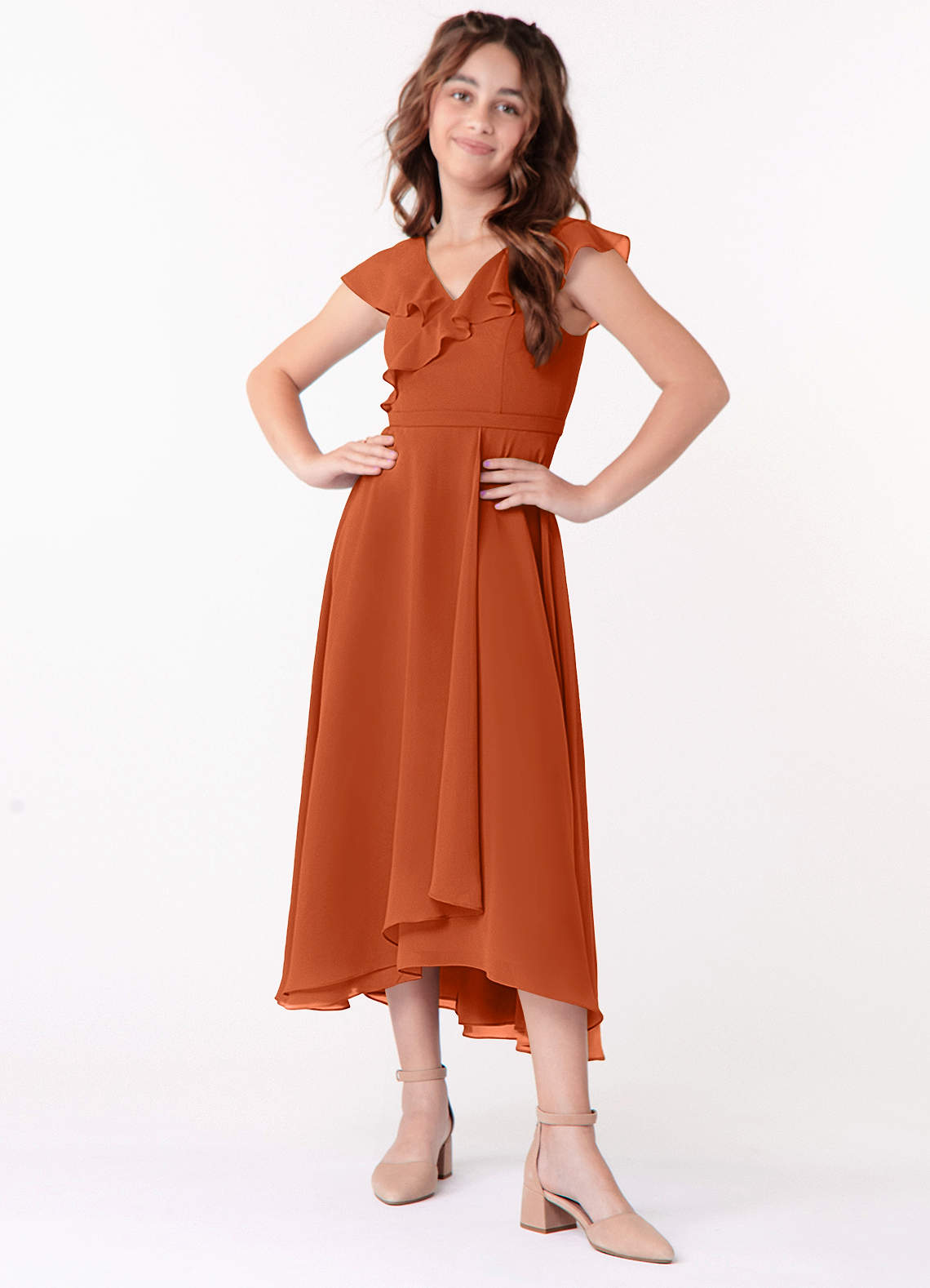 Azazie Posie Junior A-Linie Gestreift Chiffon Kleid Gebranntes Orange image1