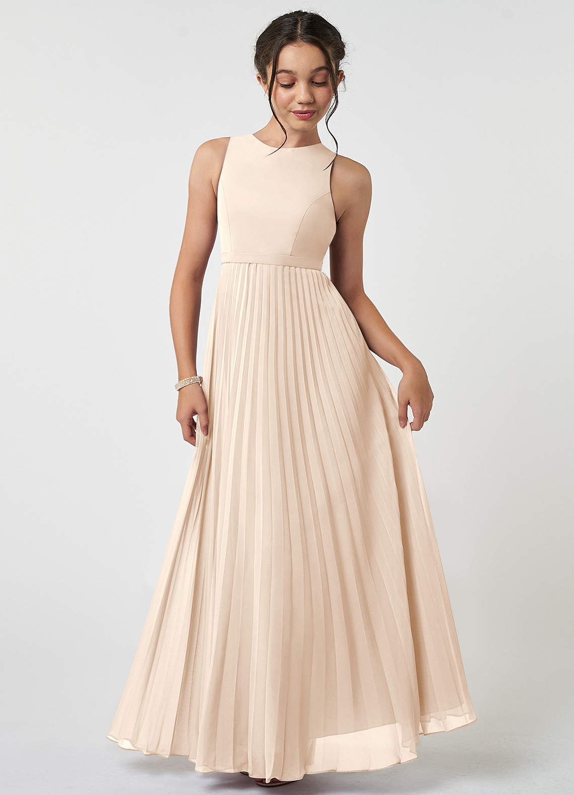 Azazie Lindie Junior Robe Trapèze en Mousseline de soie Plissée Albâtre Blanc image1