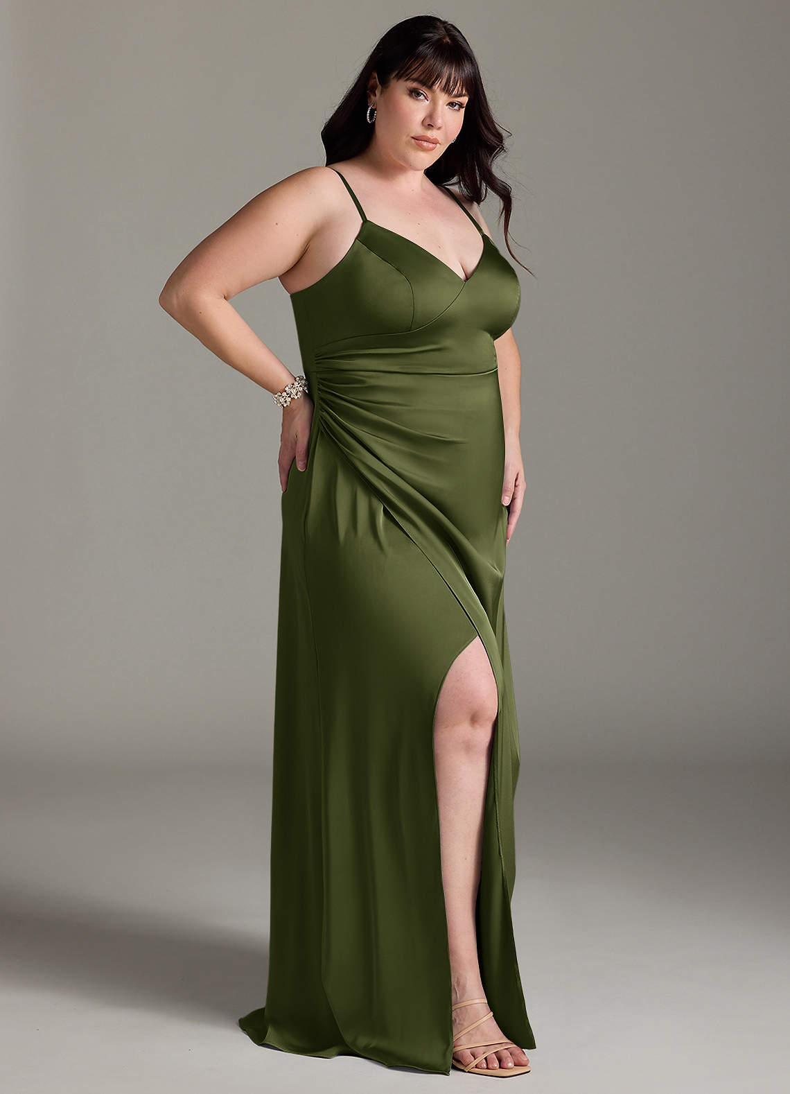 Azazie Marchella Robes de demoiselle d'honneur Robe Trapèze en Satin extensible Corset Olive image8