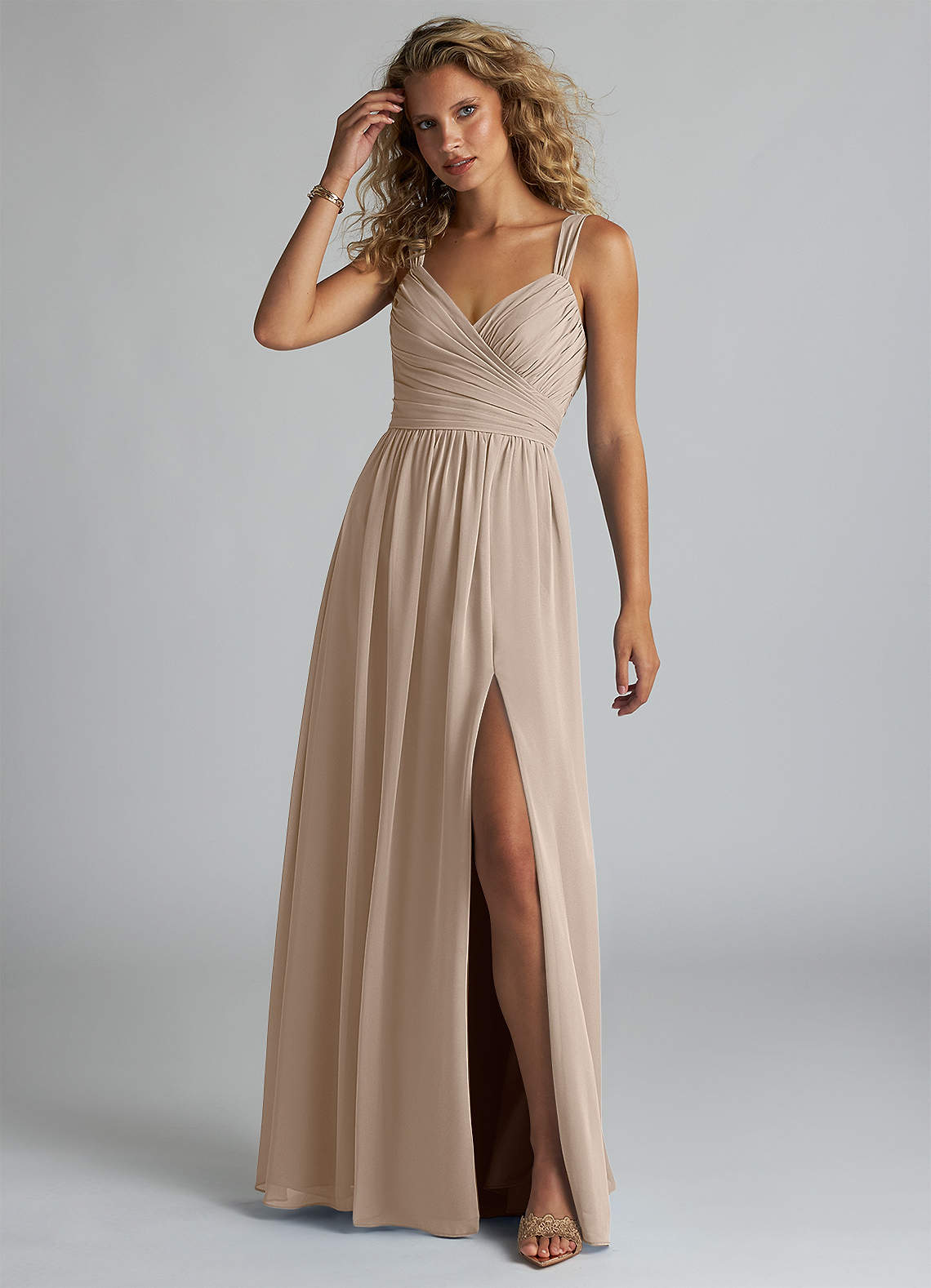 Azazie Aziza Brautjungfernkleider A-Linie V-Hals Gefaltet Chiffon Kleid Taupe image1