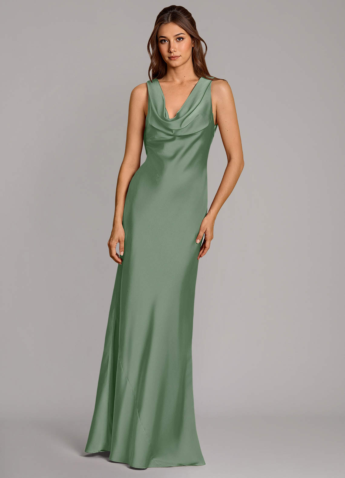 Azazie Cheryl Vestidos de damas de honor Vestido de Matcha de Satén Elástico de Corte Sirena image3