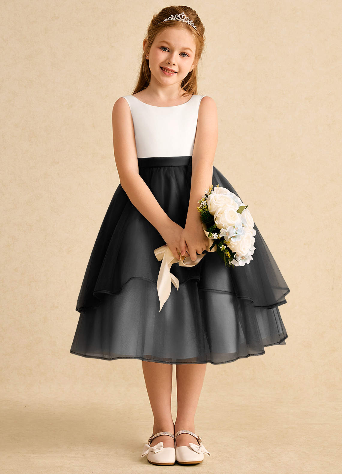 Azazie A-Line/Princess Scoop Neck Tea-Length Tulle Flower Girl Dresses - Ivory/Black