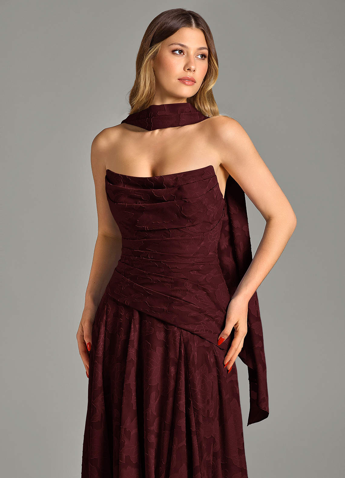 garden of romance burgundy floral burnout strapless maxi dress Azazie Gabriela Ready to Ship Cabernet Bridesmaid Dresses Ladies dresses
