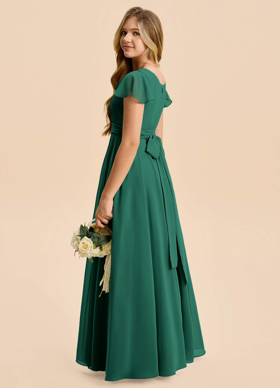 Azazie Cady Junior Emerald A-Line Pleated Chiffon Dress image5