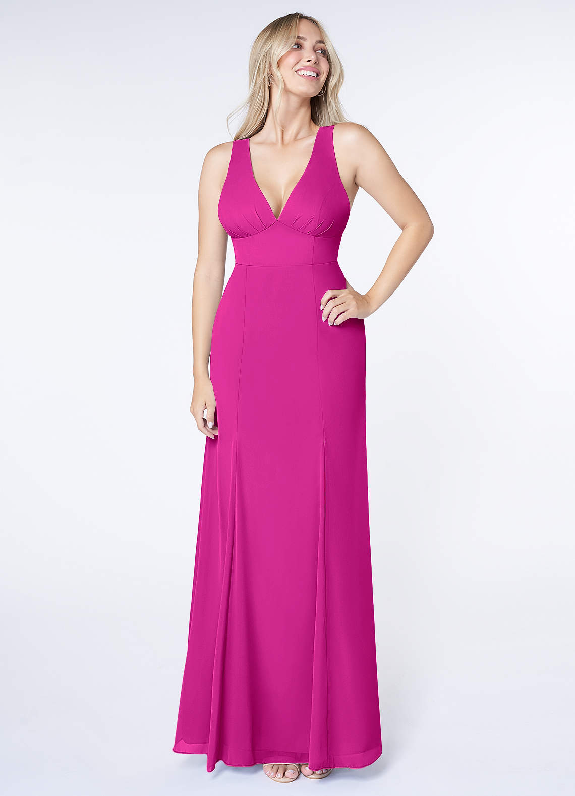Azazie Christiana Vestidos de damas de honor Vestido de Fucsia de Gasa de Corte en A con Cuello en V plisado image1