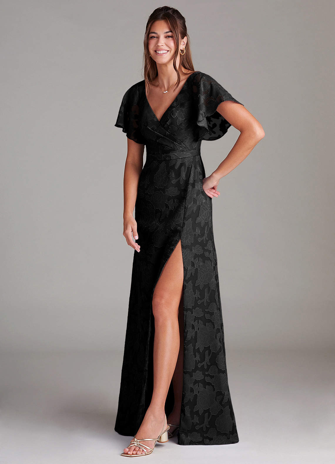 Azazie Ambrosia Bridesmaid Dresses Black A-Line Pleated Floral Burnout Dress image3