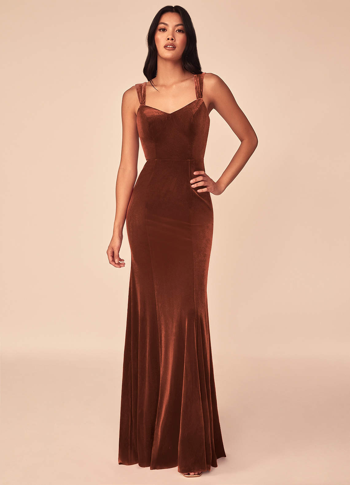 Azazie Lanessa Bridesmaid Dresses Terracotta Mermaid V-Neck Keyhole Back Velvet Dress image1