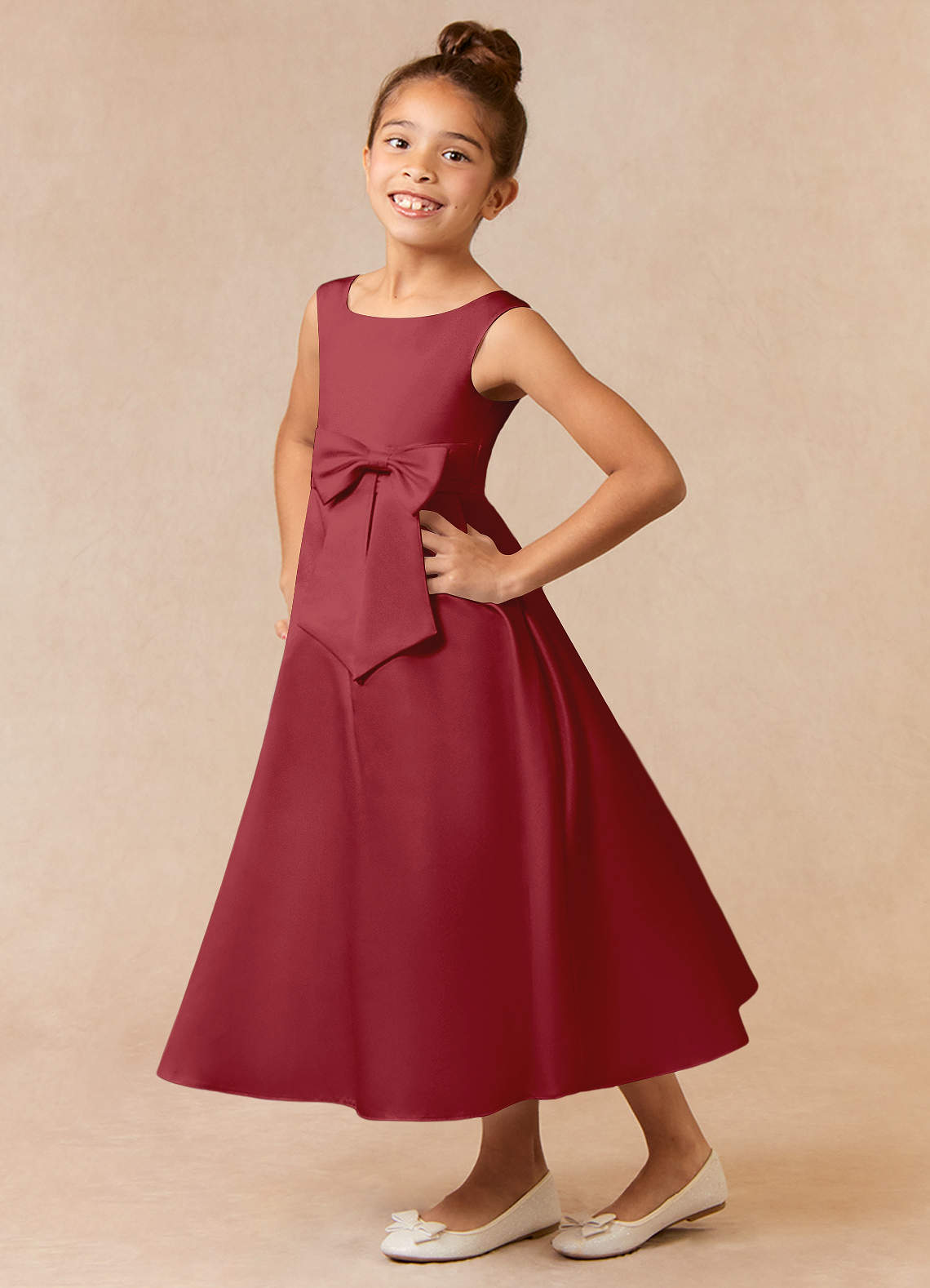 Azazie Lindy Flower Girl Dresses Pomegranate A-Line Pleated Matte Satin Dress image1
