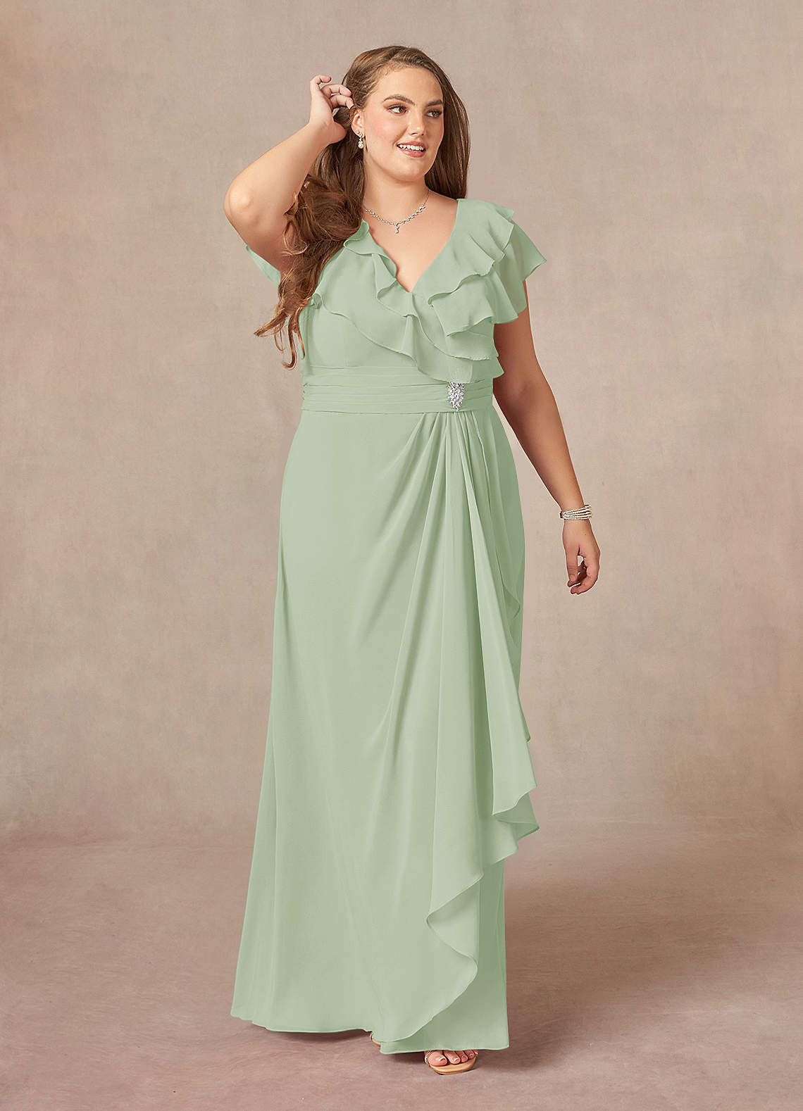 Azazie Snapdragon Mère de la mariée Robes Robe Trapèze en Mousseline de soie Col en V froncé Vert Sauge image1