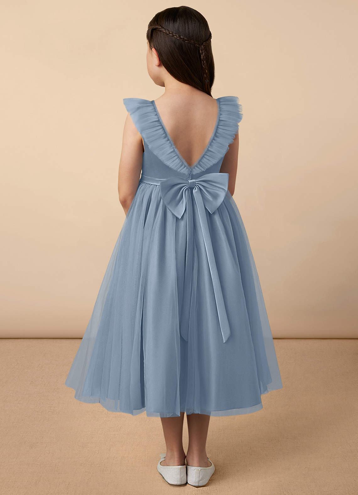 Azazie Dolly Dusty Blue A-Line Bow Tulle Dress | Azazie