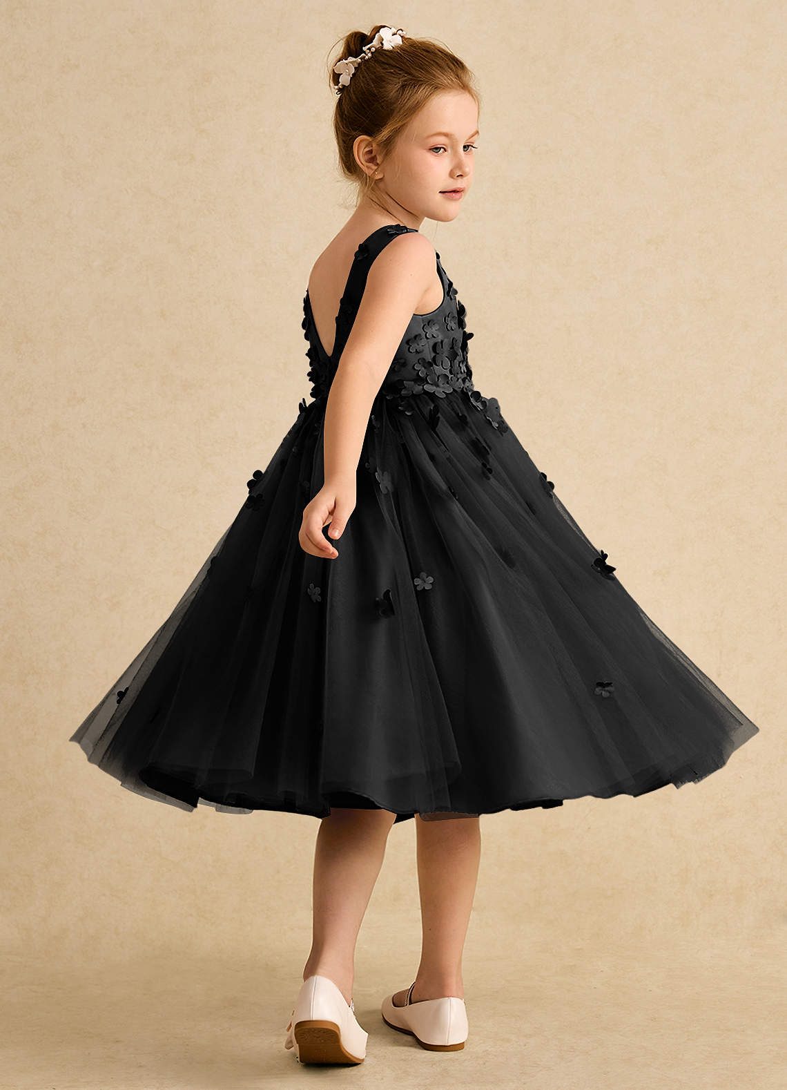Azazie Lana Vestidos de florista Vestido Preto de Cetim fosco de Linha A com Sem mangas image3