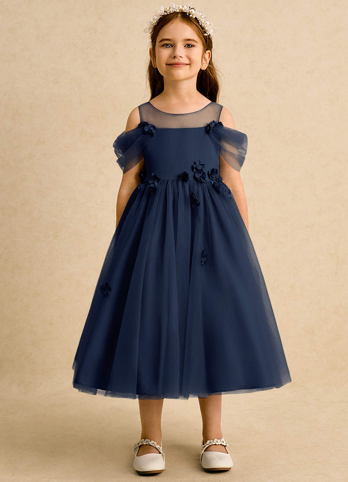 Azazie Juni Dark Navy Ball-Gown Pleated Tulle Dress