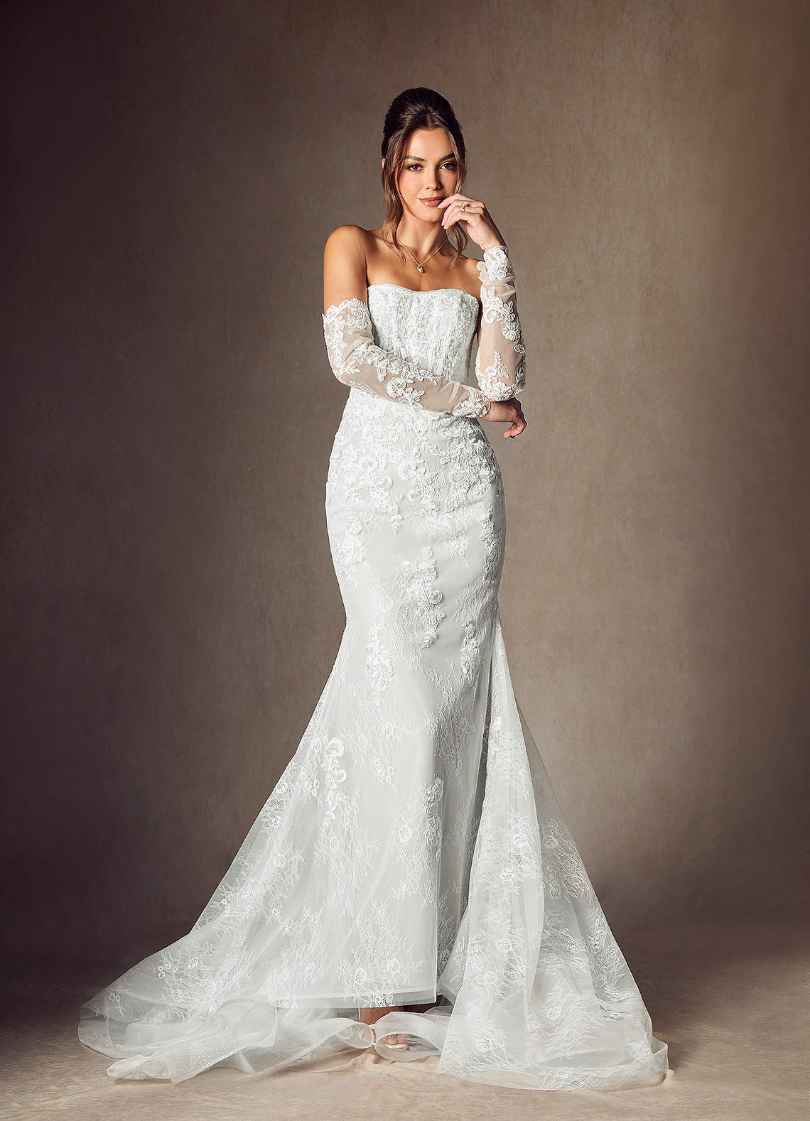 Azazie Caitlin Wedding Dresses Diamond White Mermaid Strapless Lace Dress image1