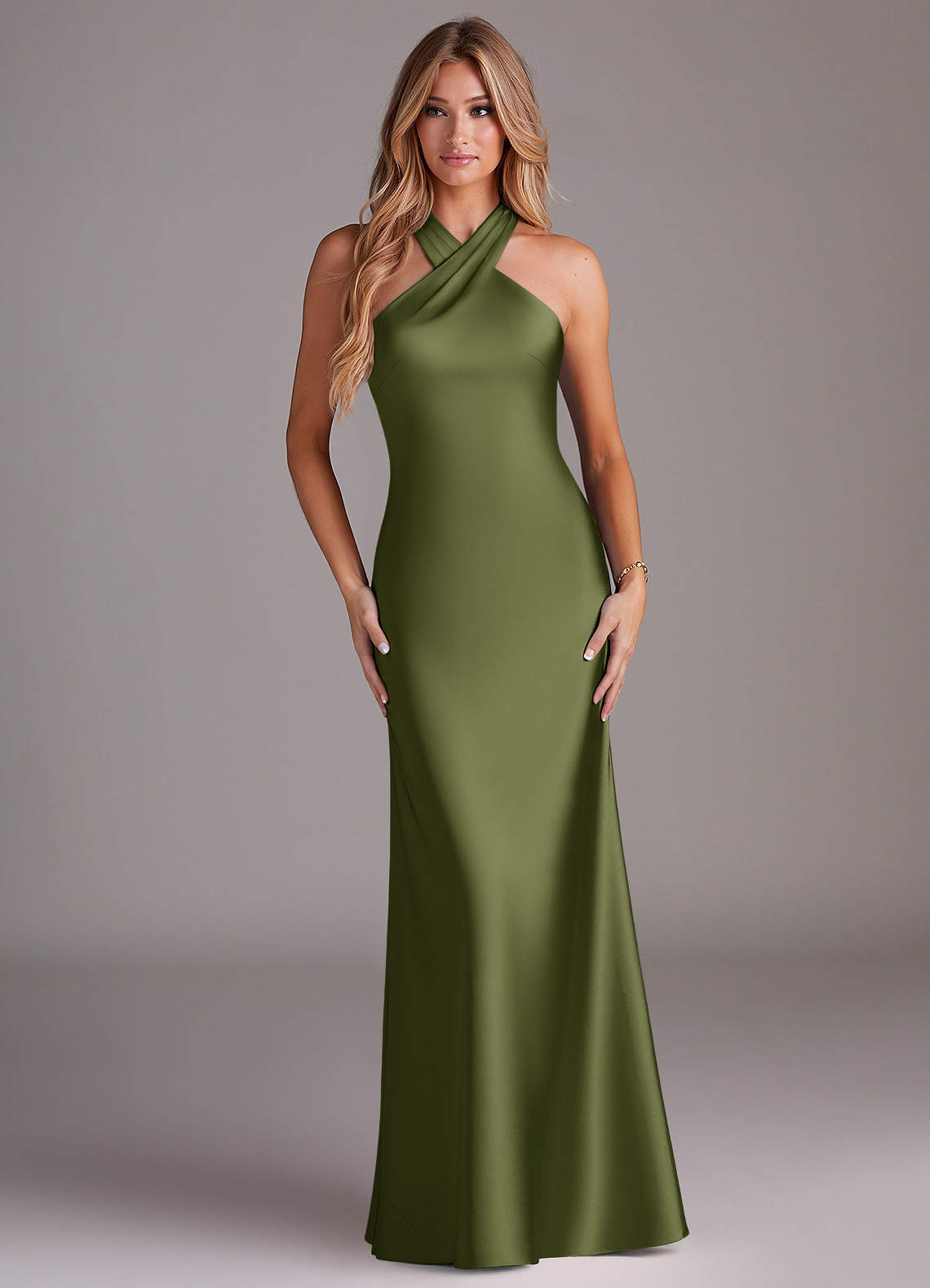 Azazie Doretta Bridesmaid Dresses Olive Mermaid Pleated Stretch Satin Dress image1