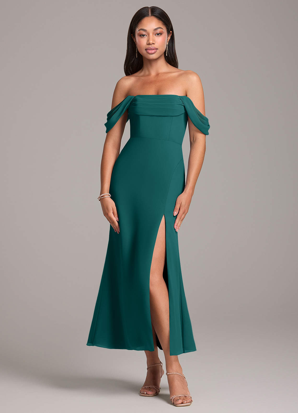 Azazie Saige Bridesmaid Dresses Peacock Sheath Off the Shoulder Chiffon Convertible Dress image1