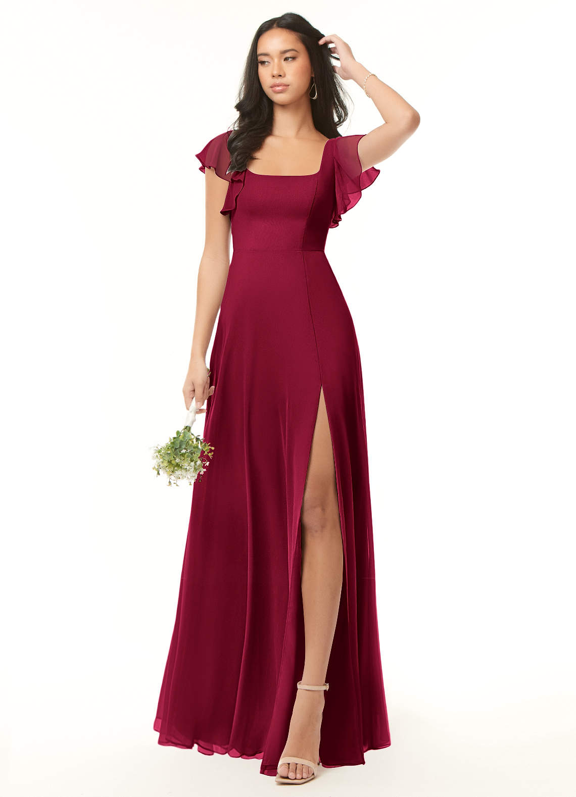 burgundy high low bridesmaid dresses Azazie Plus Size A-Line Square Neck Floor-Length Chiffon Color:Dark Denim Print