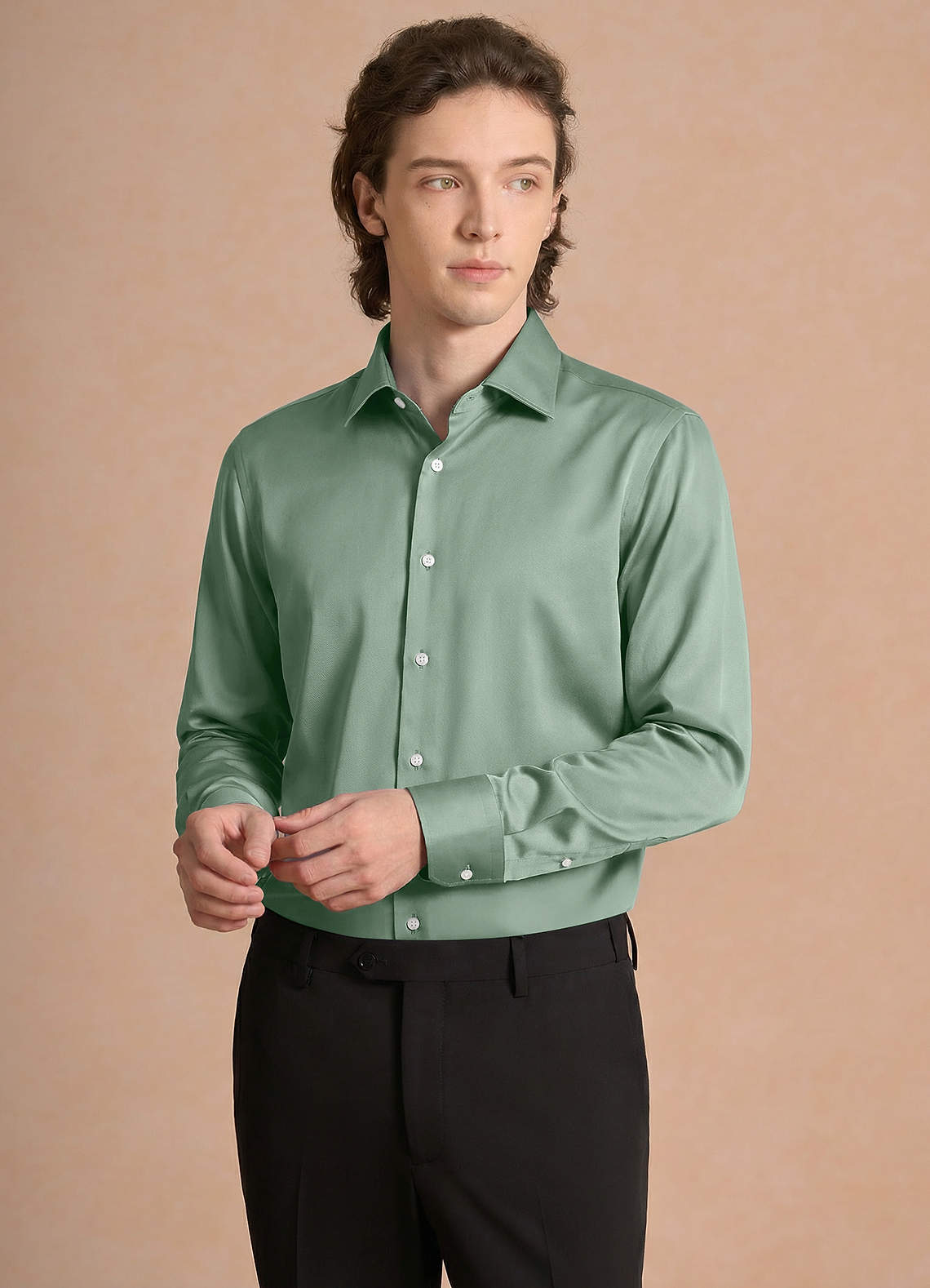 front Julian Matcha Stretch Satin Dress Shirt
