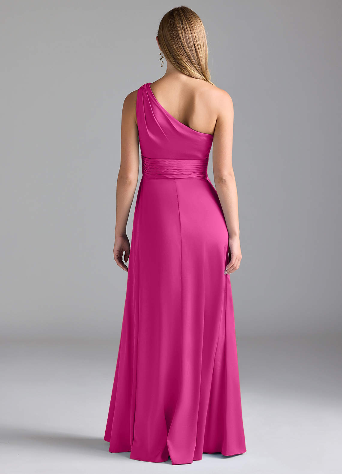 Baby Pink Formal Dress Bow One Shoulder Satin Bridesmaid Dress Fuchsia Pink   Six Stories