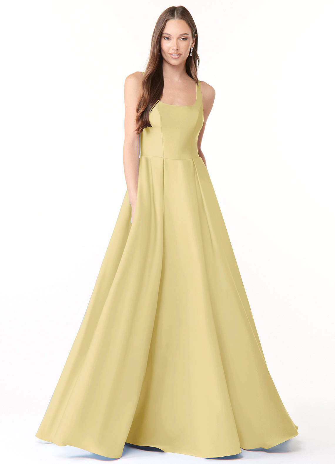 Azazie Neve Vestidos de damas de honor Vestido de Sorbete De Limón de Satén Elástico de Corte Princesa con Con bolsillos image1